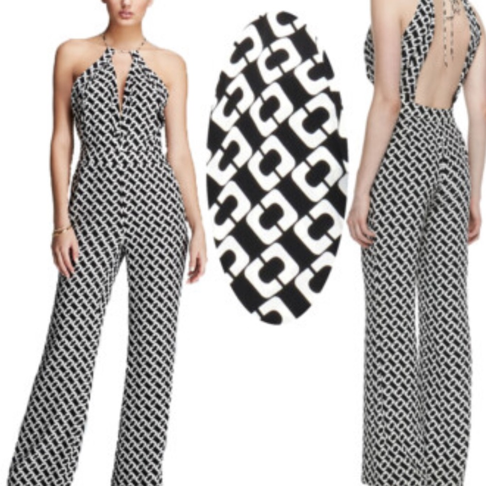 DVF Diane Von Furstenberg silk, chainlink print Jumpsuit with pockets. - Picture 4 of 6
